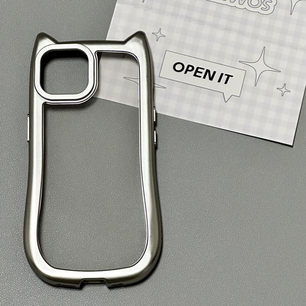 Galvanisierte silberne dreidimensionale Katzenohren mit Schleife, passend für iPhone 15, 14 Telefonhülle 1312, einfach 11, weich_voghion.com