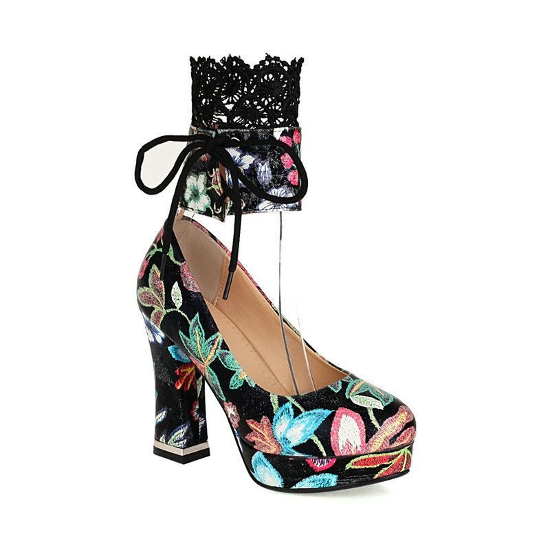 Tryckt rund tå Chunky Heels Höga klackar Snörning Retro Chunky Heels Bröllopsskor för kvinnor Superhöga klackar Damskor_voghion.com