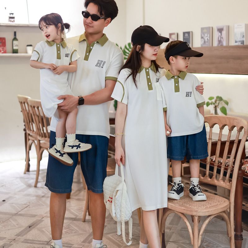 Madre e bambini Completo genitore-figlio estivo polo a maniche corte abito dal design a colori a contrasto Completo per famiglia in stile coreano per madre e figlio_voghion.com
