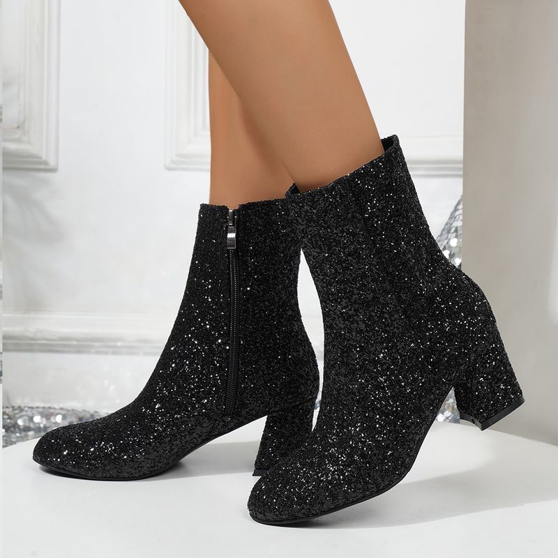 Autumn and winter large size round toe sequined thick heel women's fashion boots pink sequined cute low-cut women's boots_voghion.com