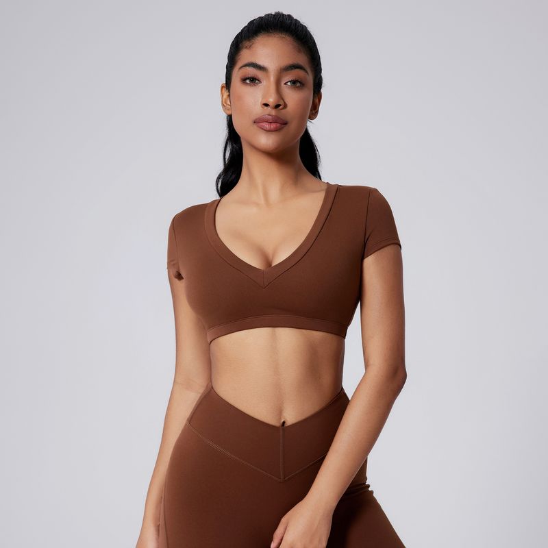 Maglietta attillata corta da donna, con scollo a V profondo, schiena scoperta, sexy, vita corta, sportiva, manica corta_voghion.com