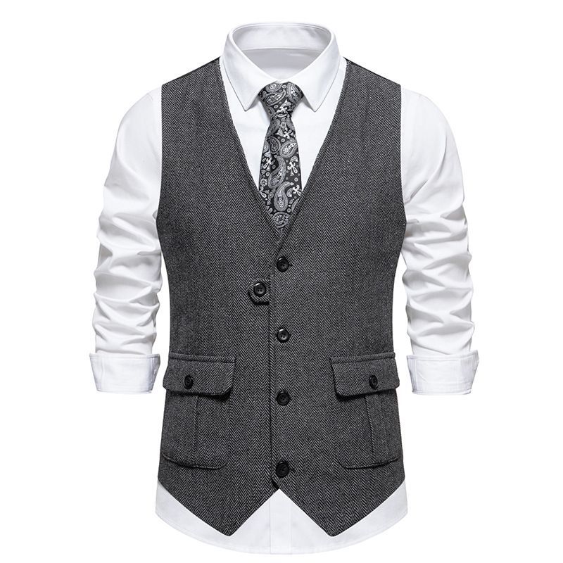 Gilet de costume en tweed à chevrons et revers pour homme, style rétro_voghion.com