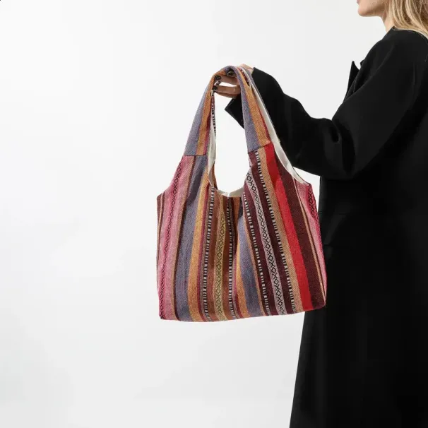 Casual Canvas Striped Printed Cross Shaped Bag Large Capacity Shopping Bohemian Ten Font Wallet Womens Handbag 240829_voghion.com