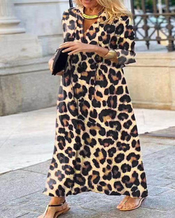 Temperamentvolles Langarm-Hemdkleid mit Leopardenmuster für Damen – Stilvolle Tunika mit V-Ausschnitt und A-Linie für die Freizeit (Gelb, Dunkelbraun)_voghion.com