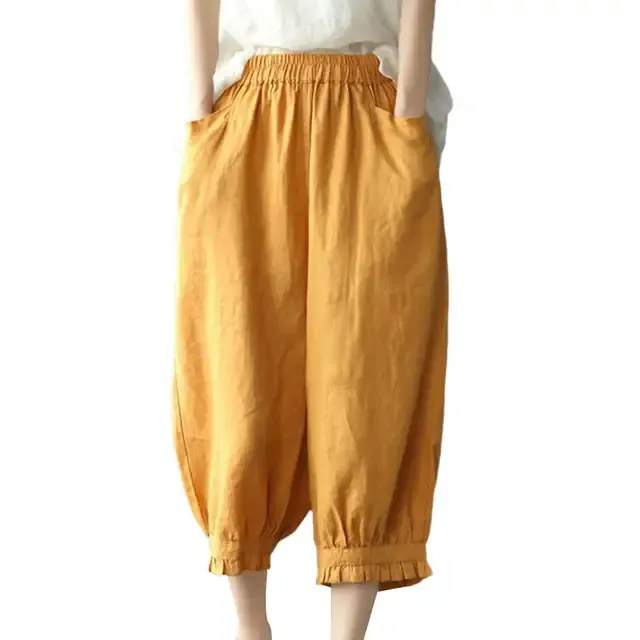 Heißer verkauf Frauen Harem Hosen Hohe Elastische Taille Lose Taschen Einfarbig Mid-kalb Länge Retro Casual Dame Sommer Frühling abgeschnitten_voghion.com