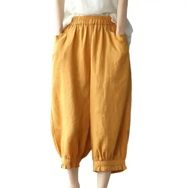 Heißer verkauf Frauen Harem Hosen Hohe Elastische Taille Lose Taschen Einfarbig Mid-kalb Länge Retro Casual Dame Sommer Frühling abgeschnitten_voghion.com