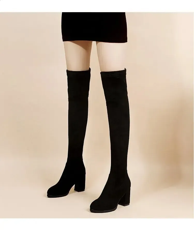 artificial Suede Autumn Zipper Elastic Knee Boots Womens Lace High Heels Black Botas Drone 240911_voghion.com