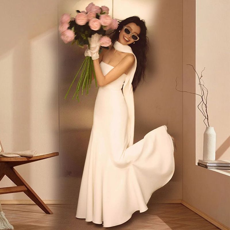 Abito da sposa leggero a coda di pesce con top a tubino in raso bianco da donna, semplice, per uscire, per dare il benvenuto al nuovo ospite, per la sera_voghion.com