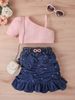 Moeder & Kinderen Kinderkleding Meisjes Effen Kleur Vest Mouwloos Top Denim Open Zak Geplooide Rok Pak Riem_voghion.com