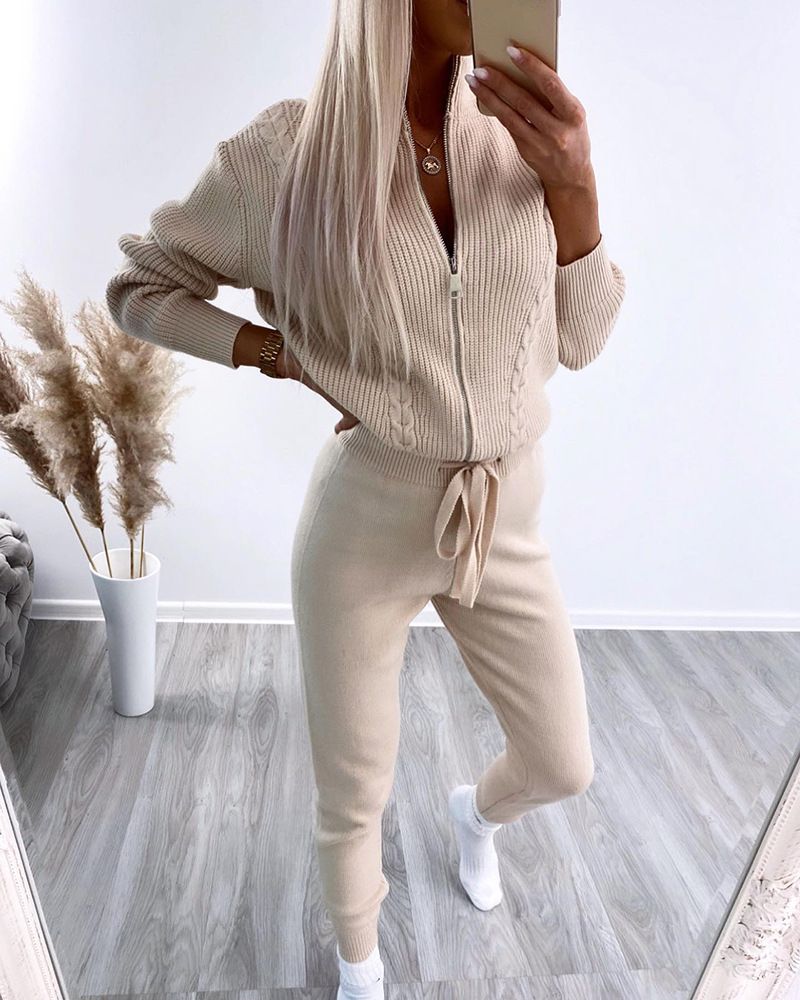 Einfarbiger Damen-Wollmantel mit Reißverschluss und Hose_voghion.com