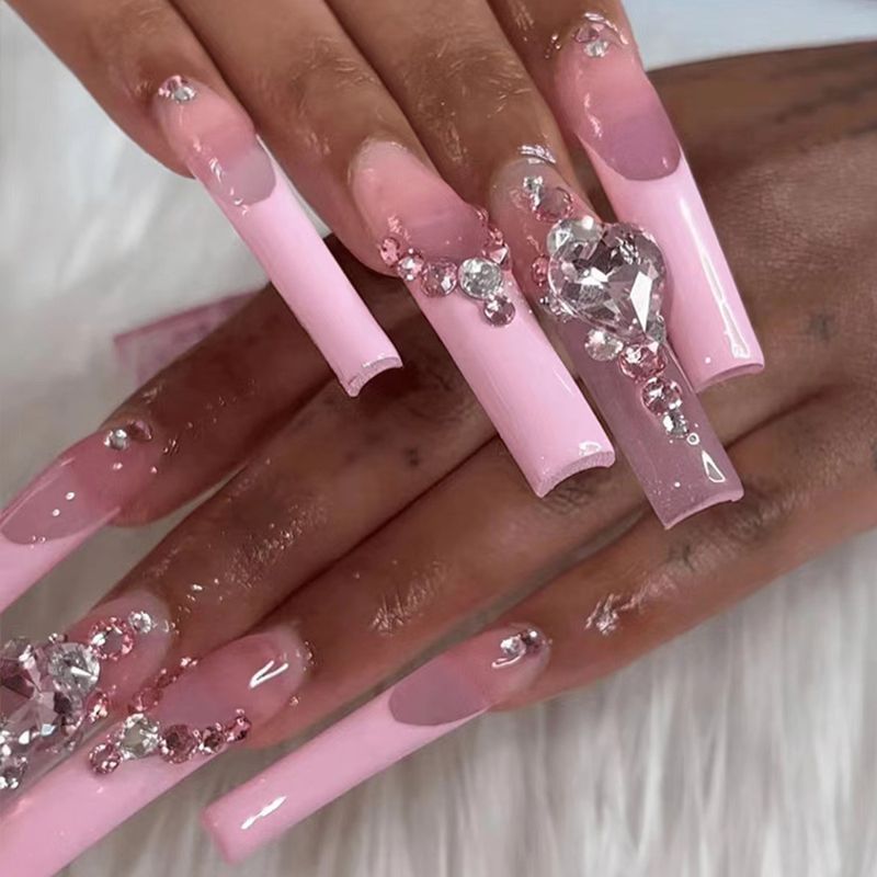 Glamorous French Tip Press-On Nails With Heart Gems – Long Lasting, Reusable False Nails For Women – Easy Application With Glue Or Gel Tabs​_voghion.com