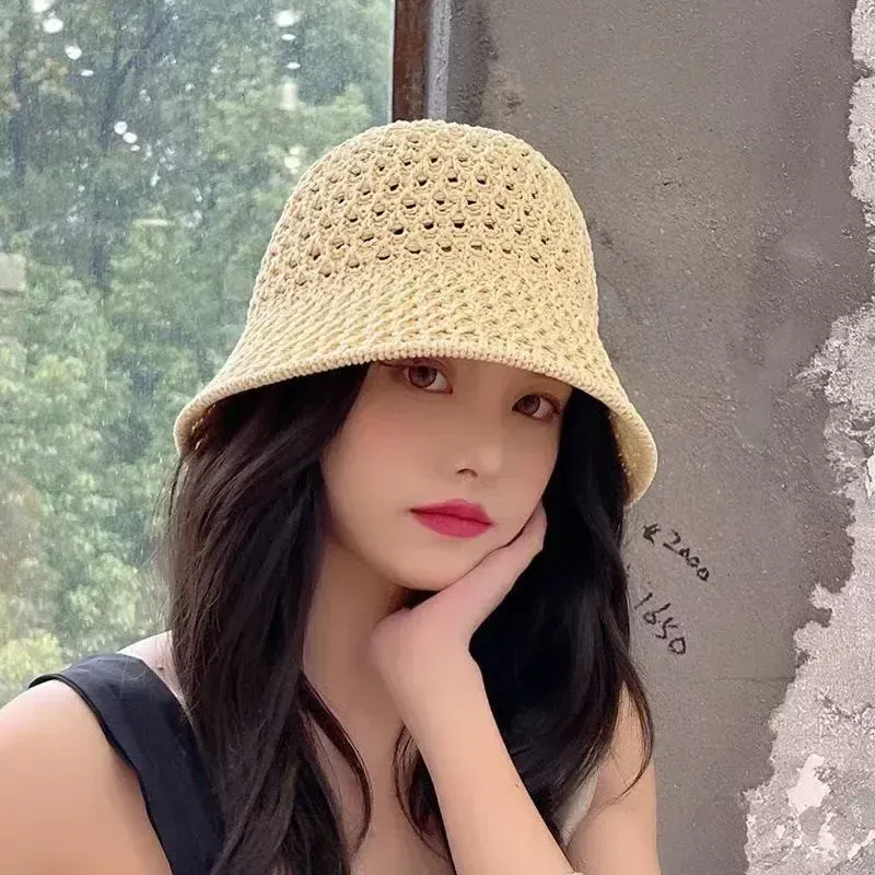 Hot Sale Handmade Crochet Floppy Summer Hats Collapsible Dome Bucket Hollow Out Solid Color Beach Caps Simplicity Soft Women Hat_voghion.com