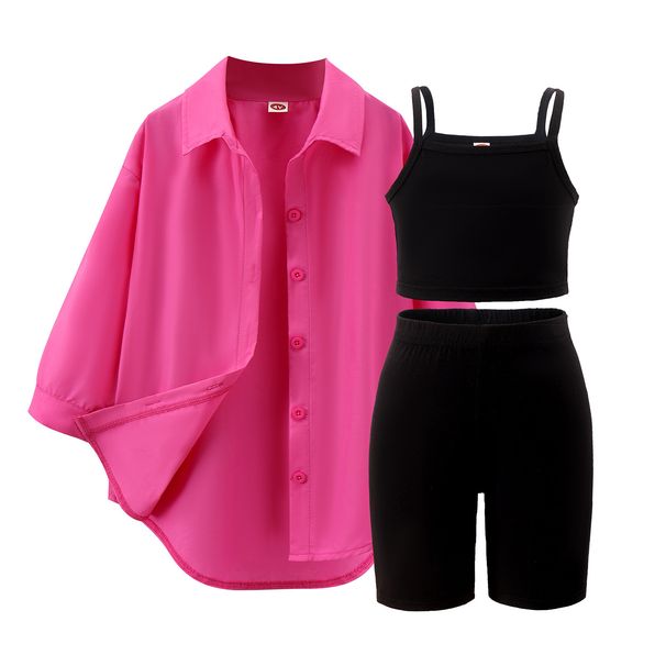 Roupas infantis primavera e outono, novos ternos para meninas, pequenos e médios, suspensórios de cor sólida para crianças + shorts + jaqueta de manga comprida, conjunto de três peças_voghion.com