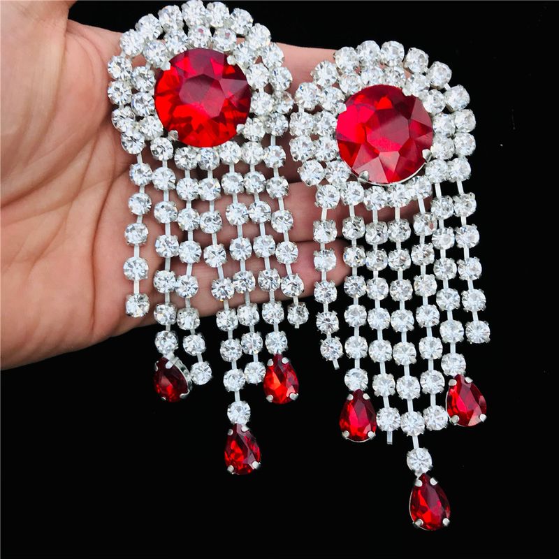 New Long Red Diamond Circle with Tassel, Claw Chain, Full Water Diamond, Fashion Earrings and Accessories_voghion.com