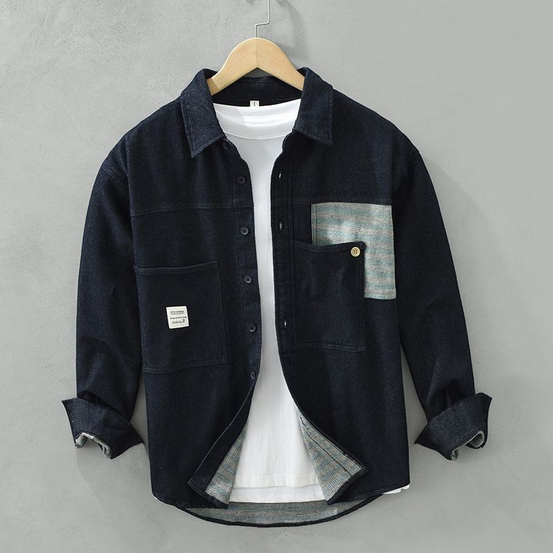 6797 Japanese workwear splicing long sleeved shirt for men's fashionable and versatile casual loose multi bag shirt, one piece for hair replacement_voghion.com