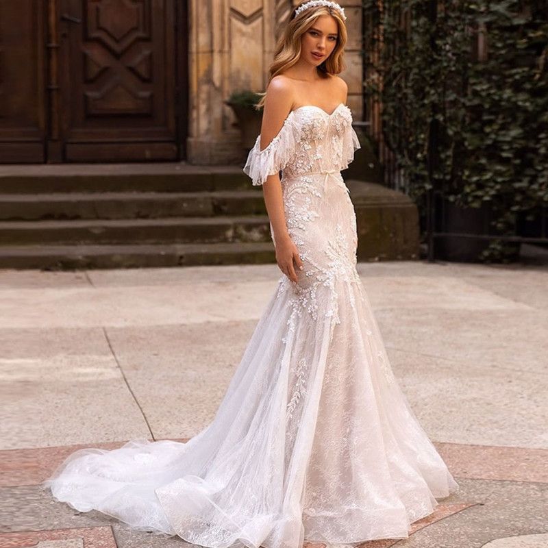 Imbracaminte dama vara noua rochie de mireasa pe un umar Rochie de mireasa cu dantela cu coada de pește_voghion.com