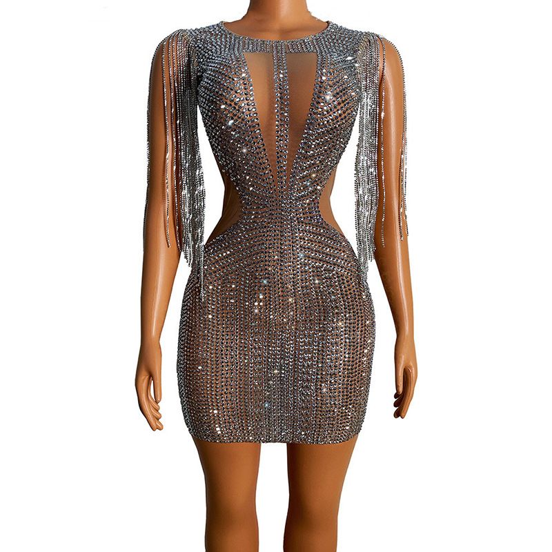 Silberkette, sexy Mini, Übergröße, Club-Outfit, luxuriöses durchsichtiges Netzkleid, Geburtstagsgeschenk_voghion.com