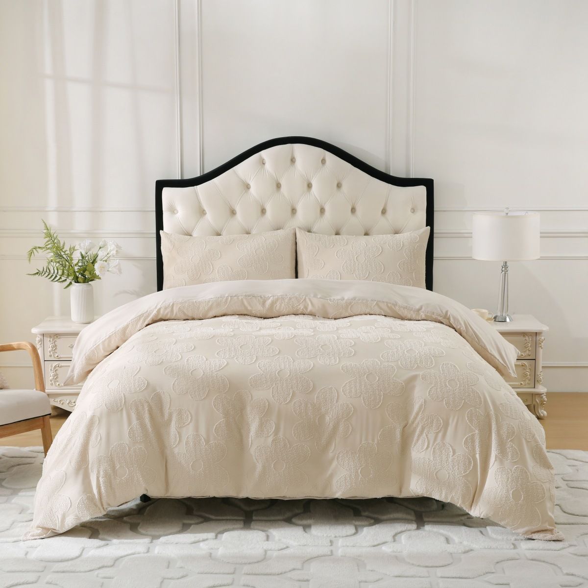 Getuftetes Jacquard-Bettwäscheset mit Blumenmuster – Bettbezug mit Kissenbezügen in Beige mit Blütenmotiv – 3-teiliges Luxus-Heimtextilien-Set_voghion.com