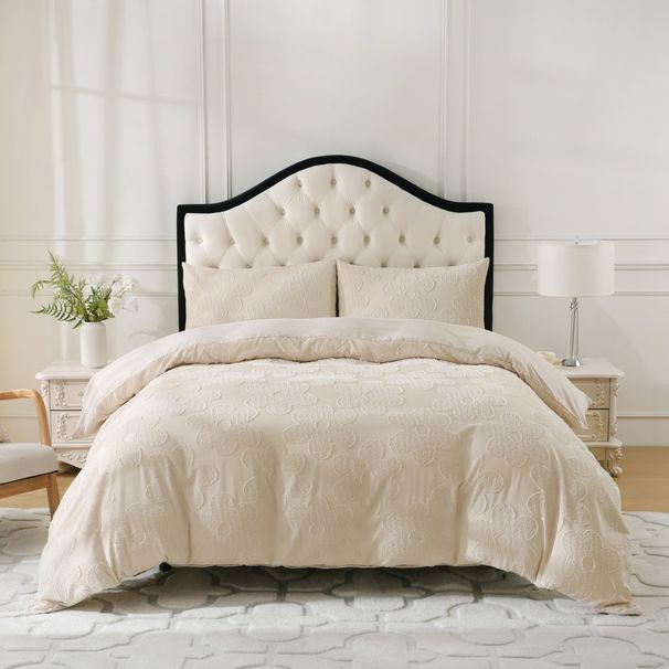 Getuftetes Jacquard-Bettwäscheset mit Blumenmuster – Bettbezug mit Kissenbezügen in Beige mit Blütenmotiv – 3-teiliges Luxus-Heimtextilien-Set_voghion.com