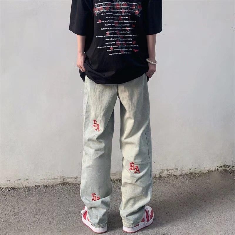 Ropa para hombres Pantalones de calle estadounidenses, jeans bordados de tendencia nacional, diseño para hombres, pantalones largos de pierna ancha retro vintage de nicho_voghion.com