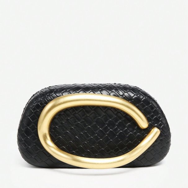 Simple Metal Ancora Red Gold Decorative Woven Leather Solid Color Box-shaped Clutch Evening Bag_voghion.com