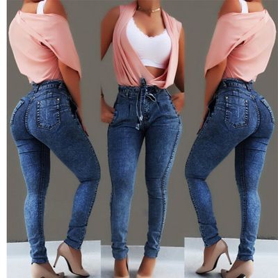Jeans femme slim élastique tendance all-match ceinture à pompons taille haute femme_voghion.com