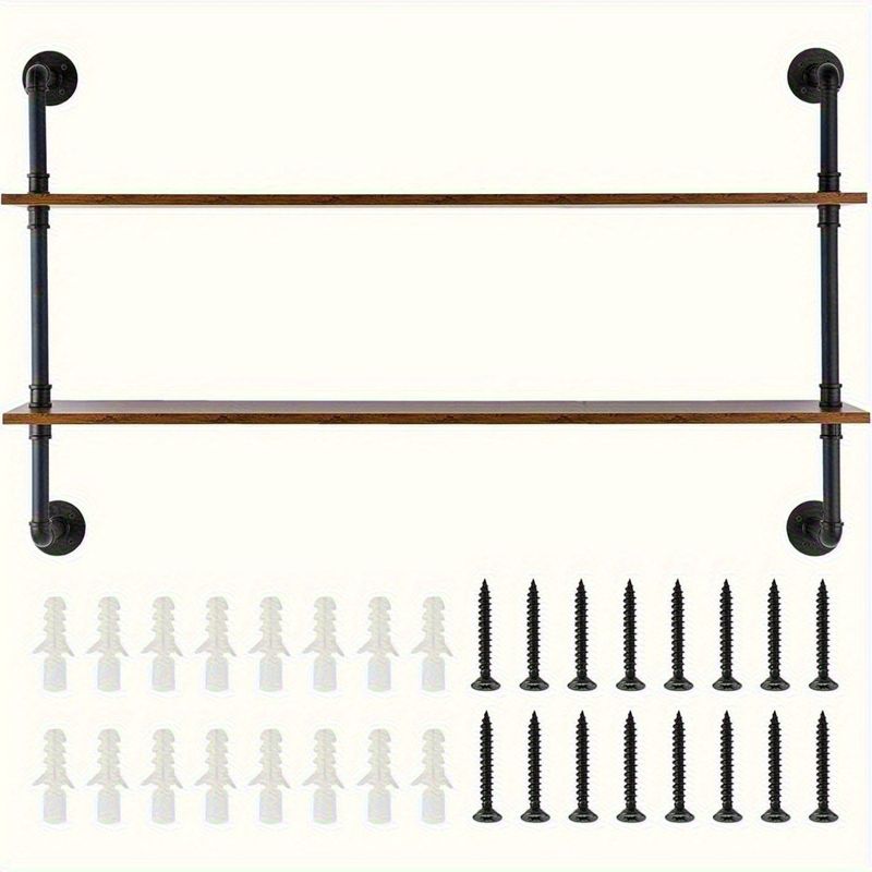 Industrial Pipe Shelf, 2 Tier 48x 9.84in, Wall-Mount Floating Rustic Wood Shelves Bracket Display Bookshelf, Storage Rack Sundries Holder For Kitchen Bedroom Bathroom Living Room, Black_voghion.com