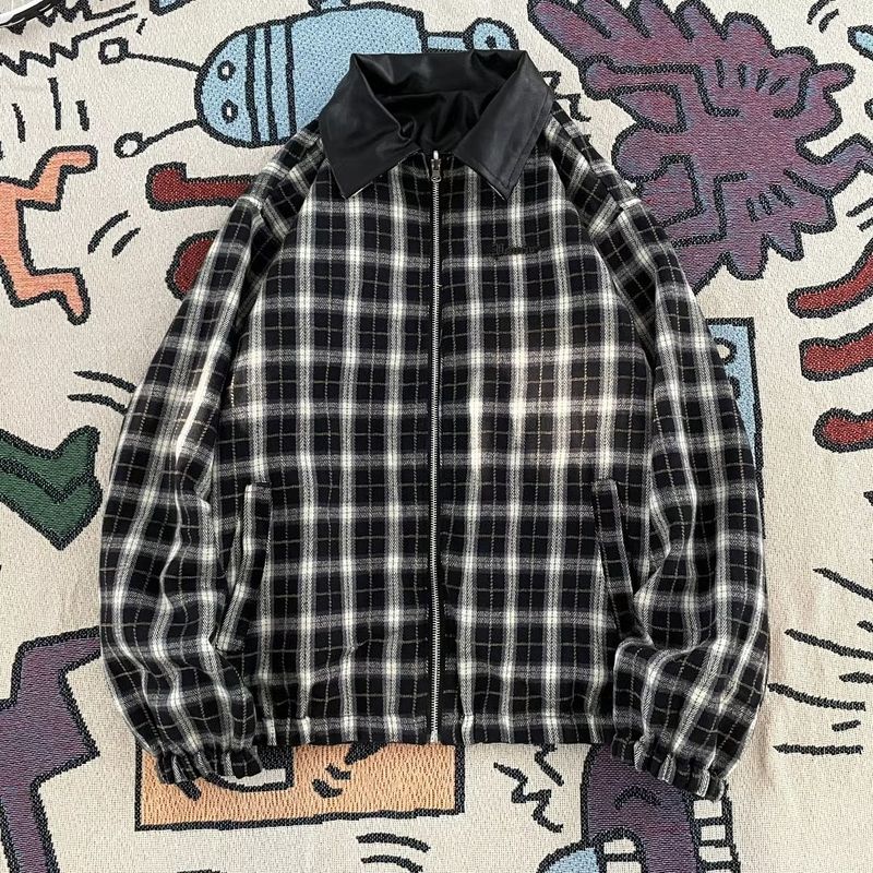 Geschikt voor alle seizoenen Hip-Hop Design Sense Omkeerbaar geruit leer voor heren, herfst en winter Amerikaanse functionele stijl Bomberjack_voghion.com