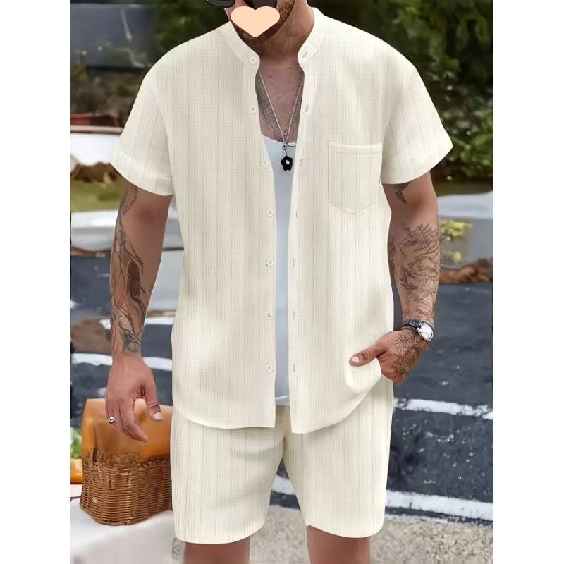 Camicia casual da uomo estiva 2025d con colletto Henley, tasca, maniche corte, pantaloncini, set da spiaggia_voghion.com