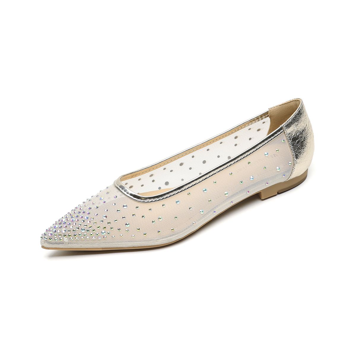 Shallow Single Shoes Female Flat Bottom Fairy Wind Mesh Soft Sole Gentle Pointed Rhinestone Flats_voghion.com