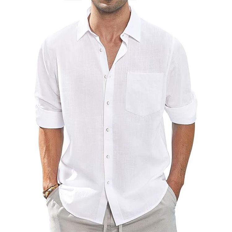 Abbigliamento uomo Commercio estero Camicia in cotone e lino Camicia a maniche lunghe in lino con risvolto sottile e tasca con cravatta Uomo_voghion.com