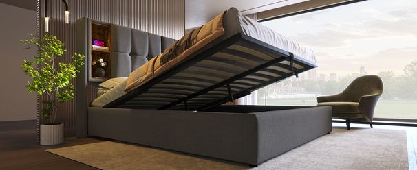 Lit plateforme rembourré Queen Size avec recharge sans fil et ports USB-C, cadre de lit avec rangement 140 x 200 cm, lattes en bois incluses, tissu en coton gris (matelas non inclus)._voghion.com