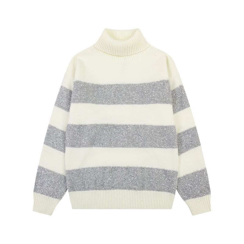 [Série capsule de Noël] Pull à col roulé unisexe en tricot rayé brodé argenté, doux et de haute qualité, pour l'automne et l'hiver_voghion.com