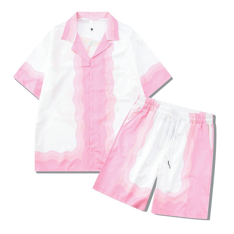 Herretøj high street blomstret skjorte jakkesæt pink gradient skjorte afslappet cardigan shorts matchende mænd_voghion.com