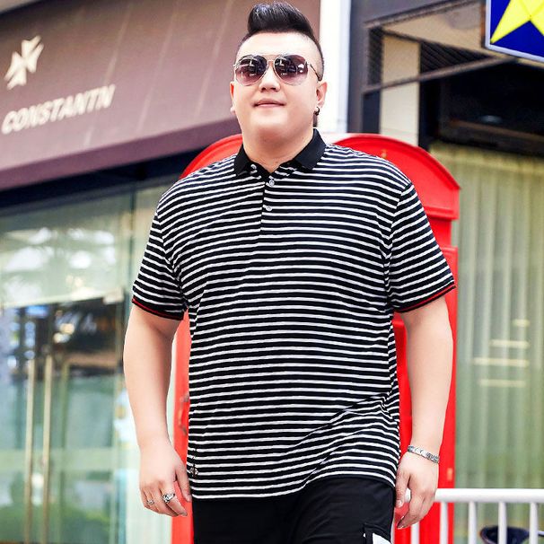 Herrenbekleidung Sommer große Größe Kurzarm-T-Shirt für dicke Männer Halbarm-T-Shirt mit Streifen für dicke Männer Top 195_voghion.com