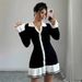 Women's Clothing Slim V Neck Long Sleeve Ruffle Knitted Elegant V-Neck Long Sleeve Ruffle Hem Knit Dress - Flowy & Feminine For Casual & Office Wear_voghion.com
