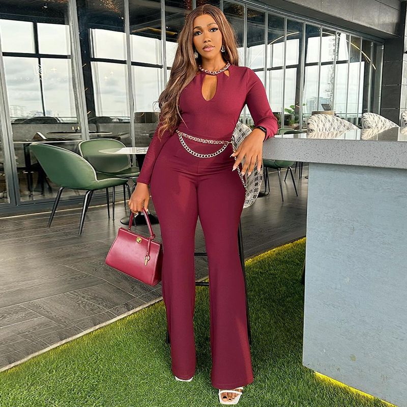 fashion temperament hollow long-sleeved slim high-waist wide-leg trousers jumpsuit_voghion.com