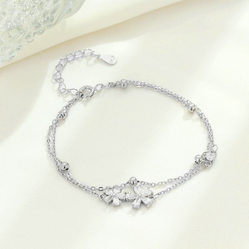 Bracciale doppio strato in argento puro con piccoli fiori di diamanti, elegante e di alta qualità, versatile e di alta qualità._voghion.com
