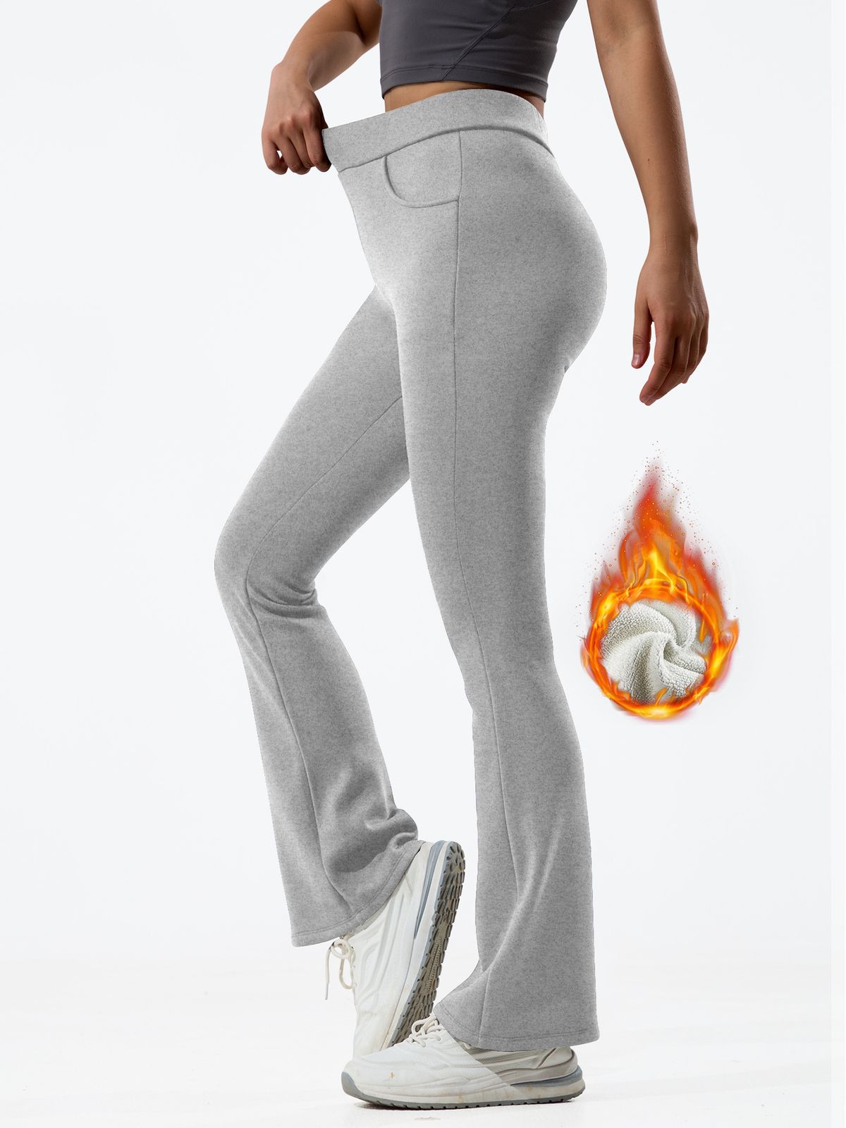 Pantaloni a zampa da donna a vita alta con tasche – Pantaloni a zampa elasticizzati caldi e foderati in pile per casual e allenamento (nero, grigio chiaro)_voghion.com
