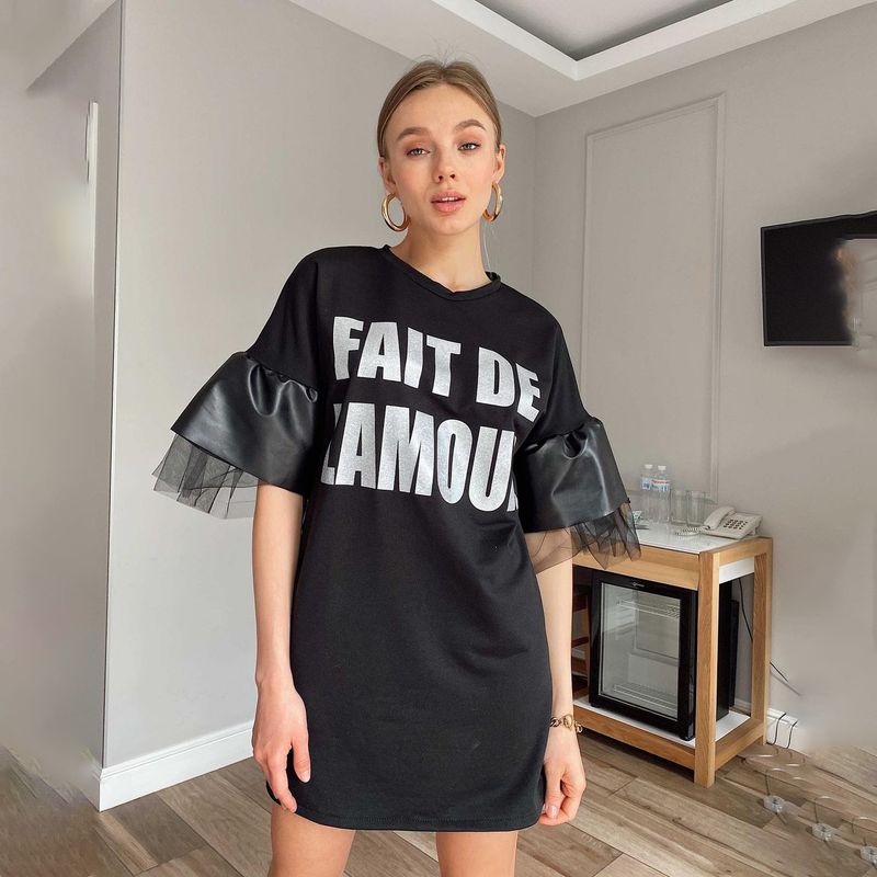 American high street letter printed short T-shirt with trendy and high-end design, oversize versatile lace half sleeved_voghion.com
