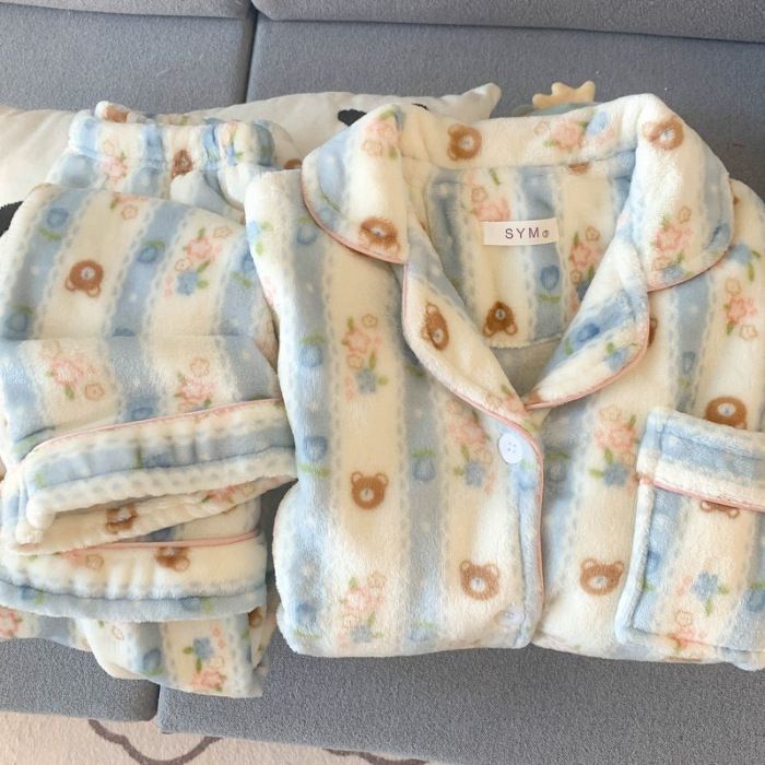 【 】 Pigiama da notte di grandi dimensioni Blue Bear per donna, autunno e inverno, in flanella spessa, con motivo a cartoni animati, per la casa._voghion.com