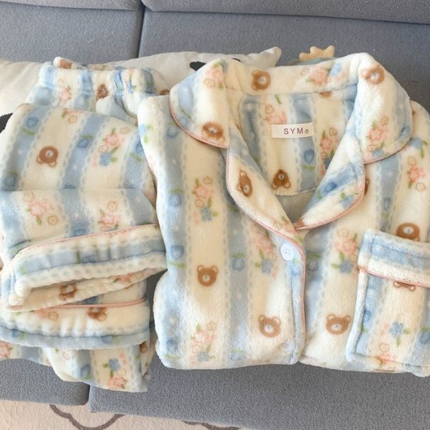 【 】 Pigiama da notte di grandi dimensioni Blue Bear per donna, autunno e inverno, in flanella spessa, con motivo a cartoni animati, per la casa._voghion.com