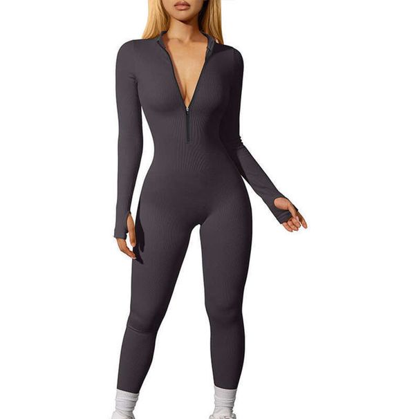 Sport-Overall mit Körperformung, Bauch- und Hüftlifting, Reißverschluss mit Gewindeärmeln, lässiger Overall, lange Hose, eng_voghion.com