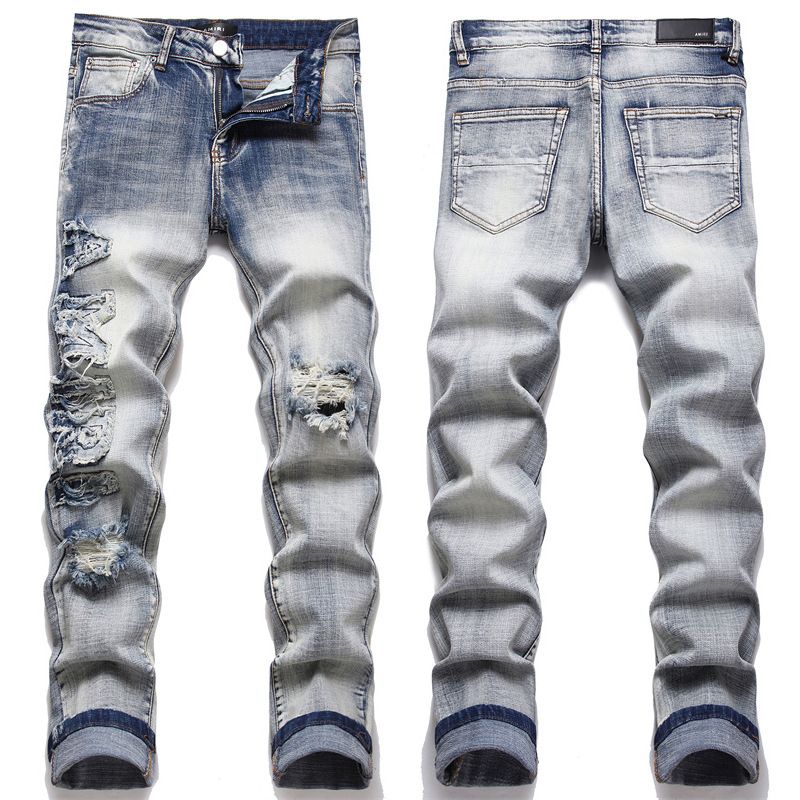 Jeans europei e americani da uomo alla moda stampati elastici quattro stagioni con cuciture elastiche in cotone con ricamo elastico slim fit_voghion.com