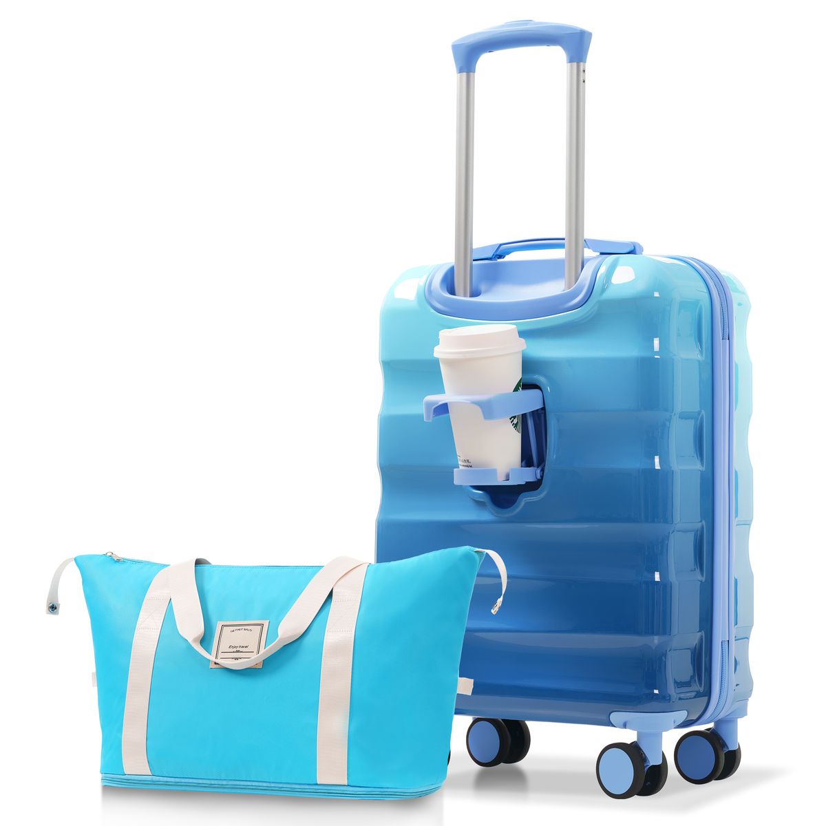 20" Carry-on Luggage With Cup Holder – Lightweight Glossy Hardshell Suitcases With Spinner Wheels, TSA Lock, Airline Approved, 2 Piece Set_voghion.com
