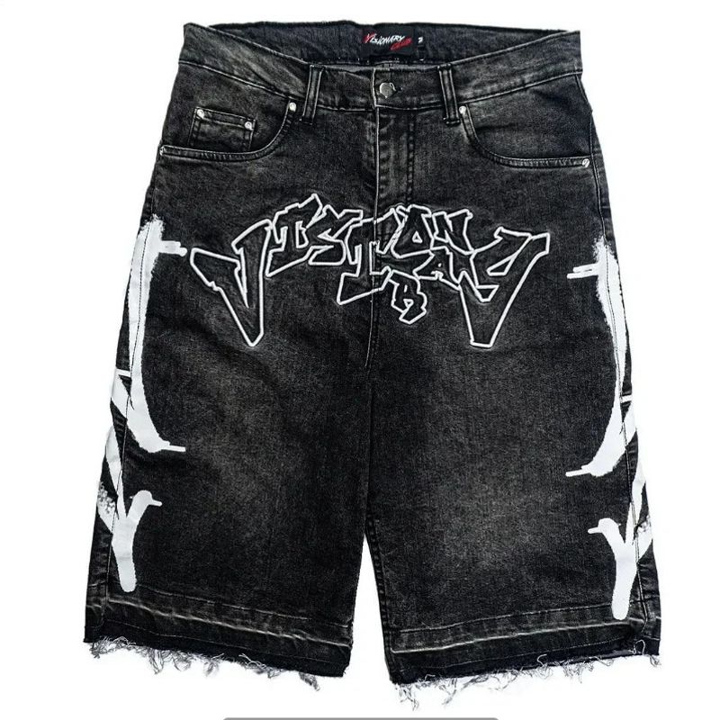 Pantalones cortos holgados lavados retro para hombre, con personalidad y estampado de tendencia, vaqueros rectos de calle para hombre_voghion.com