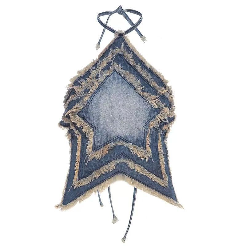 Women's Clothing Raw Edge Five Pointed Star Patch Halter Neck Vest Slimming And Age Reducing_voghion.com