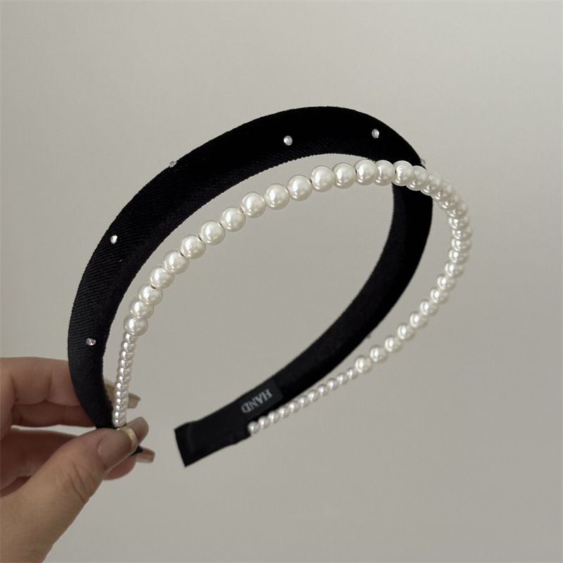 Fascia per capelli in perle a doppio strato di alta qualità in stile francese da donna, fascia per capelli con teschio alto, fascia per capelli in zircone a tesa larga, forcina per capelli, copricapo temperamento_voghion.com