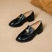 New Round Toe Chunky Heel Slip-On Leather British Style Metal Buckle Soft Sole Loafers Black Women's Shoes_voghion.com