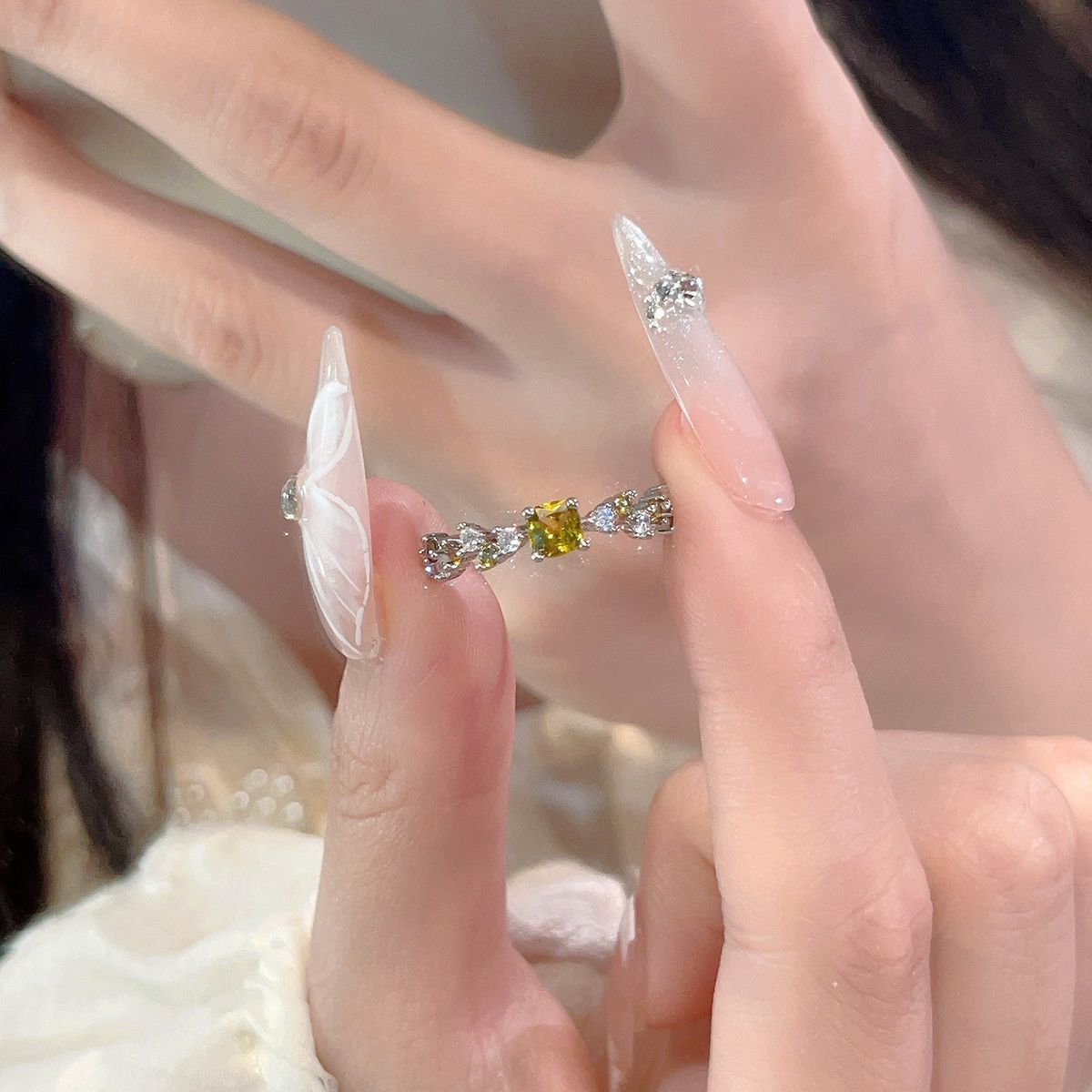 French Court-Inspired Olive Green Zircon Ring - Elegant Luxury Open Design For Women_voghion.com